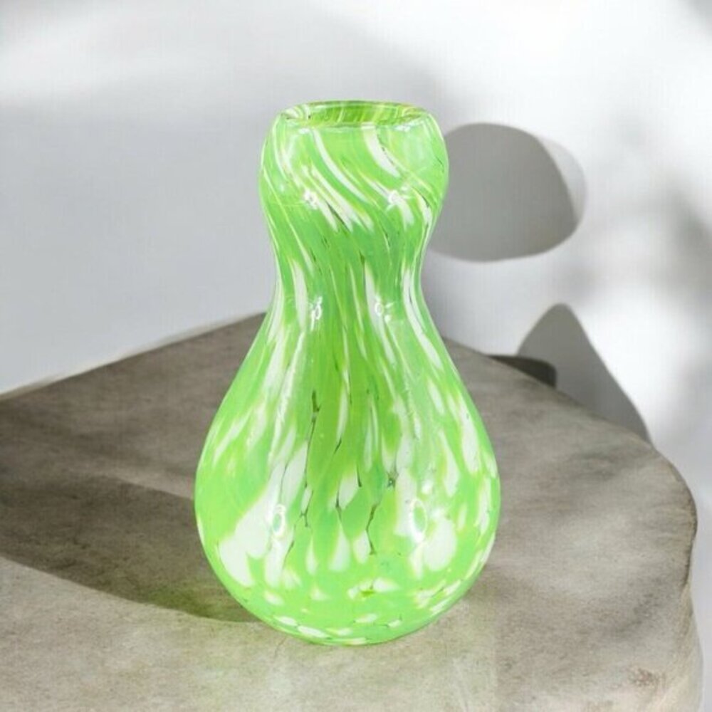 Studio Hand Blown Bottle Shaped‎ Glass Vase Bud Vase Green White Spots Vintage